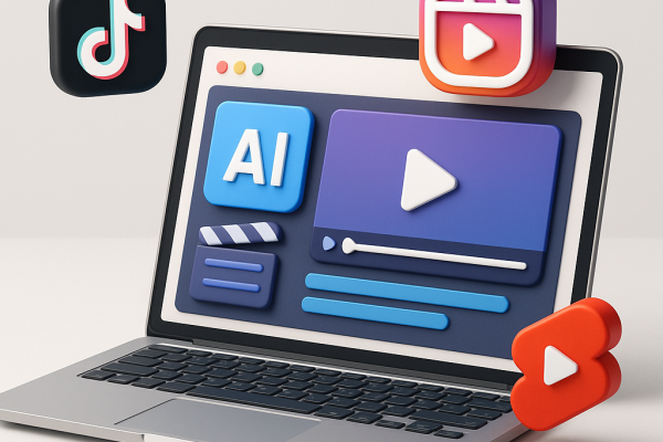 FacelessReels AI tool creating automated short videos with artificial intelligence on a computer screen surrounded by social media icons like TikTok, Instagram Reels, and YouTube Shorts – 3d render of the product, modern, high detail, clean background, no text