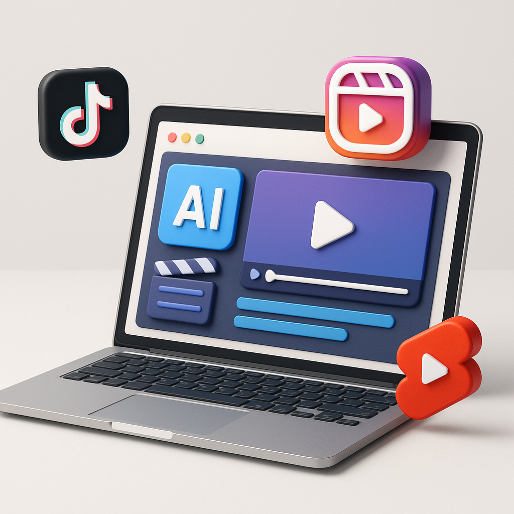 FacelessReels AI tool creating automated short videos with artificial intelligence on a computer screen surrounded by social media icons like TikTok, Instagram Reels, and YouTube Shorts – 3d render of the product, modern, high detail, clean background, no text